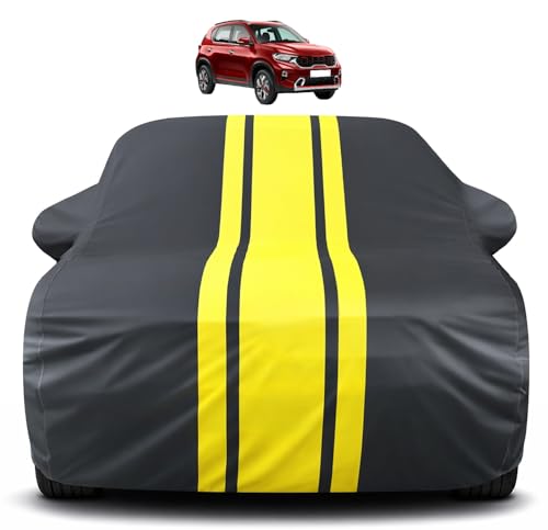 Image of Auto Hub Car Cover Compatible with Kia Sonet with Mirror Pocket, Soft Cotton Lining, Sonet Car Cover Waterproof - Yellow-Black