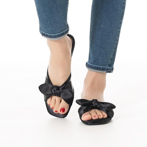 Mtzyoa MZ-A-93B-112-24 Women Flat Sandals Black Satin Size 8 Cute Bow Cream Vacation Cute Bowtie Summer Casual Vacation Bohemian Ladies Leather Beach Comfy Champagne Slides thumb #3