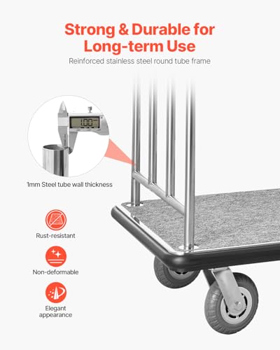 VEVOR Hotel Luggage, 800 LBS Load Capacity, Brushed Stainless Steel Finish Bellman's Cart, Valet Cart with Grey Carpeted Deck and 6-inch Rubber Wheels, Ideal for Hotels, Condos, Resorts, Silver3