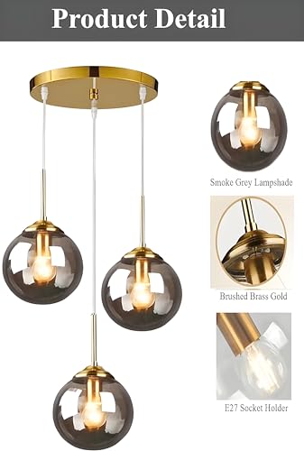 Image of 3 Lamp Cluster Smoke Black Glass Ceiling Hanging Light, Kitchen Island, Balcony, Hallway, Living Room (Without Bulb)