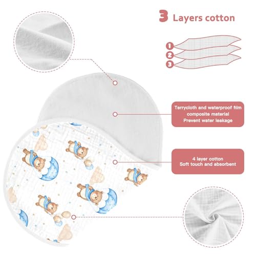 Cozy Bear Motif Muslin Burp Cloths for Baby 4-Layer Absorbent Cotton Large 22" x 11" Soft Spit Up Rags for Newborns Boys Girls, 2 Pack3