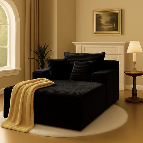 COMHOMA 67" Oversized Chaise Lounge Chair with 3 Comfy Pillows,Upholstered Sofa Bed Sleeper Couch Wide Arms Corduroy Fabric High-Density Foam for Living Room No Assembly Required,Black