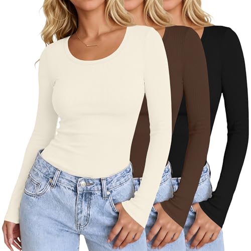 Ekouaer Long Sleeve Shirts for Women Scoop Neck Ribbed Basic Tops 3 Pack Underscrub Tshirt Slim Fit...