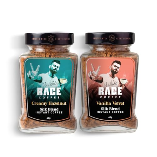 Image of Rage Coffee Silk Blend Instant Coffee | Creamy Hazelnut & Vanilla Velvet Silk Blend Flavoured Coffee 60 GMs Each | Premium, Bold & Smooth | Pack of 4