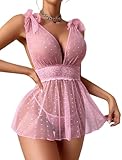 ADOME Pink Lingerie for Women Sexy Lace Babydoll Chemise Polka Dots Sheer Nightgown Pink X-Large