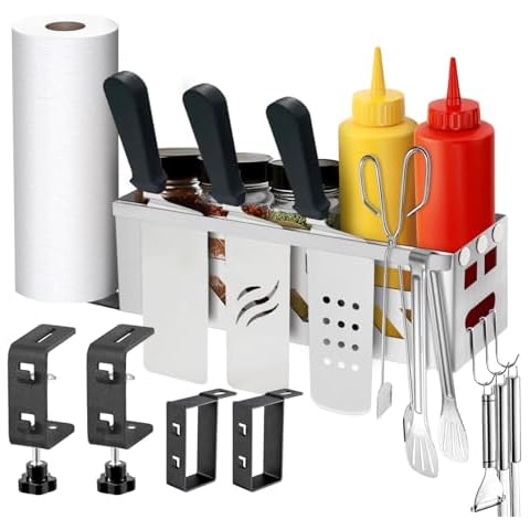 YORKING Griddle Caddy for 17"/22"/28"/36" Blackstone Griddles, Space Saving Grill Accessories Storage Caddy, BBQ Accessories Storage Box with Paper Towel Holder & Knife Rack for Outdoor Grill - Silver Cover