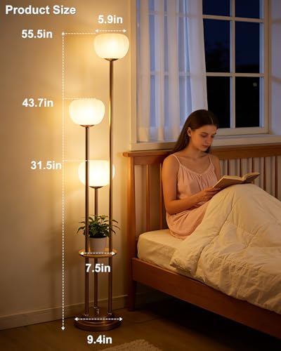 Image of Lightdot Gold Dimmable Floor Lamp with Table, Mid Century Modern Floor Lamps with Pumpkin Lampshade & Bulbs, 3-Light Tall Standing Lamp for Living Room /Bedroom /Sofa Beside /Corner Decor