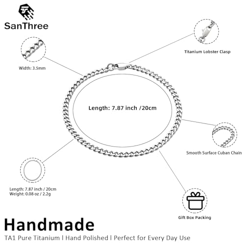 SanThree Solid Pure Titanium Cuban Link Bracelet 3.5mm Finely Polished Skin Friendly Shinny Curb Chain Bracelets for Women Men Sensitive Skin Valentines Birthday Gifts, 7.87"4