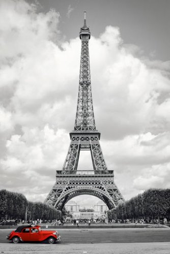 Poster Tour Eiffel Voiture Rouge Paris pour Salon - Décoration Murale Vintage 91,4x61 cm