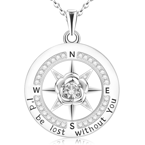 HOH-Tech Compass Necklace for Women 925 Sterling Silver Id be Lost without You Compass Necklace Birthstone Graduation Jewelry Pendant for Mothers Wives Daughter