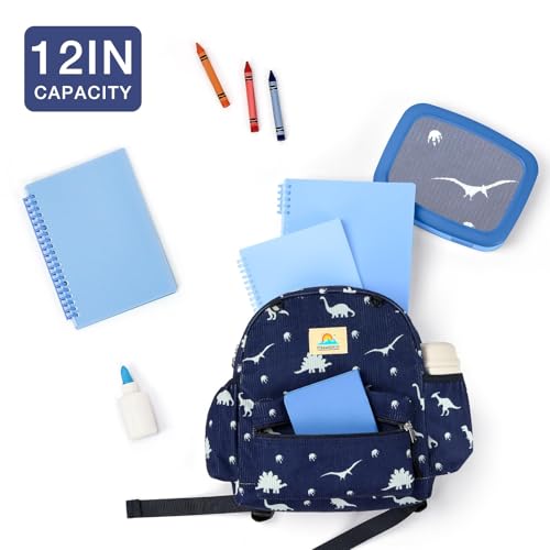 Image of STEAMEDBUN Corduroy Toddler Backpack for Boys 2-4: Kids backpack for Boys Girls - 12 inch Preschool Kindergarten Backpacks - Dinosaur