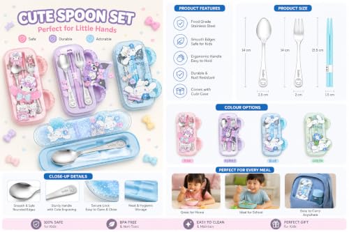 Image of Kids Cutlery Set with Box | Stainless Steel Spoon /Fork /Chopsticks | BPA-Free Food Grade Portable Lunch Utensils for School, Travel, Picnic & Camping