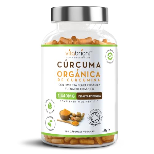 Cúrcuma con Jengibre y Pimienta Negra 1440 mg | 180 Cápsulas | Fuente de Curcumina y Piperina | Alta Dosis | Ingredientes de Agricultura Ecológica y Sin Aditivos | Suplemento VitaBright