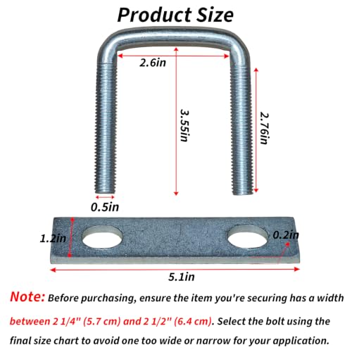 4 Pack Square U-Bolts for Trailer- Galvanized Steel Clamp Set, Fits 2/2.5/3/3.5/4 Inch Wide Leaf Springs, 0.5in Heavy Duty Large Diameter U-Bolt (2.5in Inner Width) by WLFAGU - Used condition - Image 2