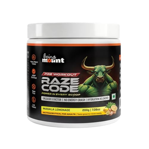 Image of BeingMount Raze Code Pre Workout Supplement, Masala Lemonade Flavour, Power Formula with X Factor, No Energy Crash, Hydration Reloaded, 200g