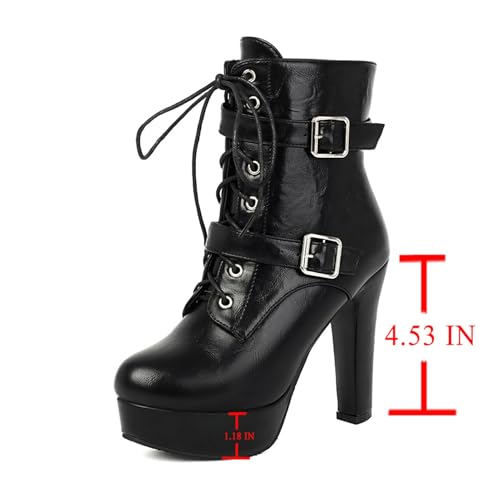Image of FOREADA Goth Boots Chunky Heel Boot For Women Ankle Combat Booties Black Platform Bootie Buckle Rivets Punk Goth Shoes With Zipper