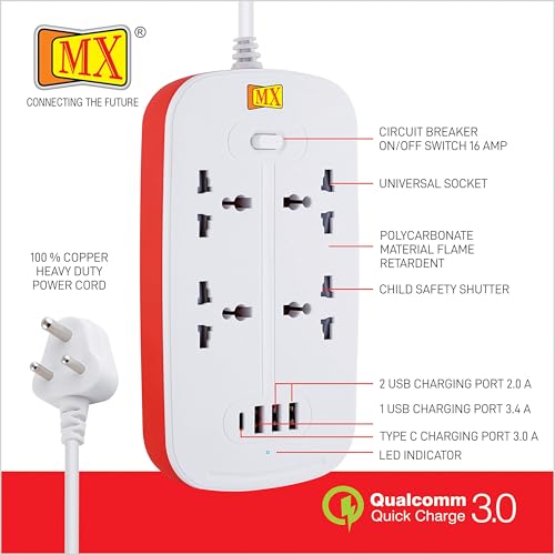 Image of MX Power Strip Extension Board with USB Ports 3250W multiplug Sockets Extension Cord 13Amp 3 Universal Socket + 3 USB + C Ports Fast Charger Multi Port Extension Heavy Duty Cord 3 Meter with Switch