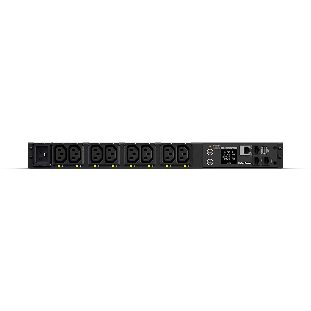 CyberPower PDU81005 Rack PDU 1U switched, Echtzeit Monitoring pro Steckdose und Remote Neustart, 8x IEC C13, 100–240V Eingang IEC C14, LCD farblich konfigurierbar, RJ45 SNMP, Daisy Chain, Stahlgehäuse