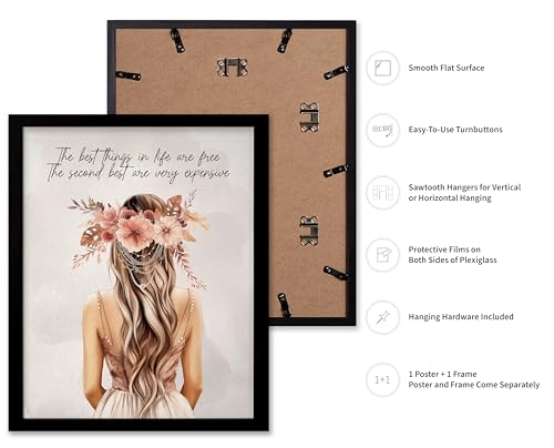 Image of Poster Master The Best Thing In Life Are Free Poster - Fashion Print - Trendy Art - Flower Art - Gift for Women & Fashionista - Funny Glamour Decor for Bedroom or Girl's Room, 16x20 Black Framed