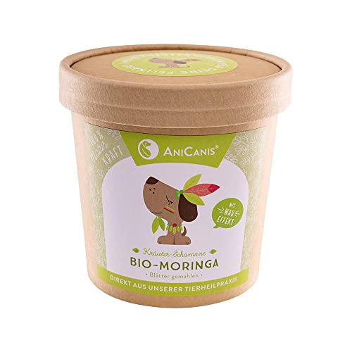 AniCanis Bio Moringablätter für Hunde & Katzen - Moringa Pulver - Immunsystem, Aminosäuren, Vitamine, Mineralstoffe - Säure Basen, Schmatzen & Gras fressen - Kräuter Nahrungsergänzung - 100g