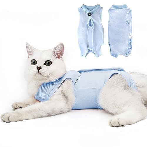 Image of Cat Recovery Suit for Male and Female Surgical Post Surgery Soft Cone Onesie Shirt Clothes Neuter Licking Protective Diapers Outfit Cover Kitten Spay Collar(M, Blue)
