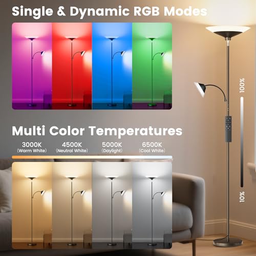 Image of SIBRILLE RGB Torchiere Floor Lamp - 2 Way Dimmable LED Standing Lamp with Remote&Button Control, 34W Rotatable Floor Reading Light, 72'' Tall Modern Corner Lamp for Living Room Bedroom Office, Black