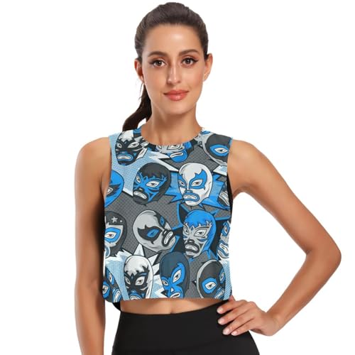 GuoChe Top corto da donna per allenamento, maglietta da corsa Cool-Dry S, Lucha Libre Maschera Blu Motivo Comico, S