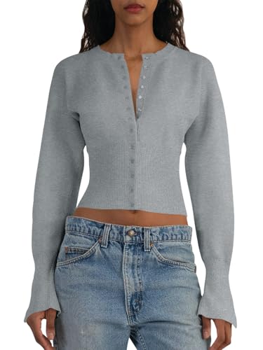 Image of Saodimallsu Womens Cropped Sweaters Cardigan | Button Down,Long Sleeve,V Neck,Ribbed Knit,Slim Fit ,Pullover Crop Tops