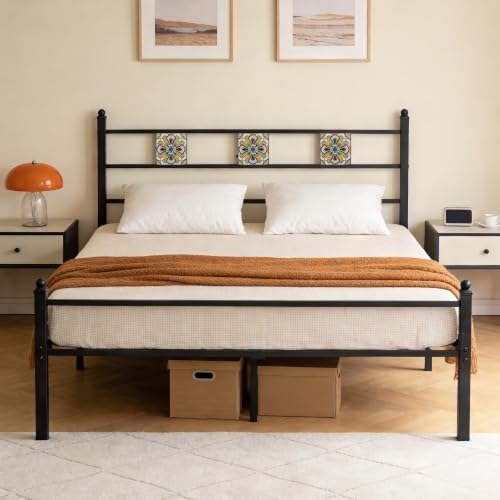 Little Big Nove Queen Metal Bed Frame with Ceramic Tile Decor Headboard