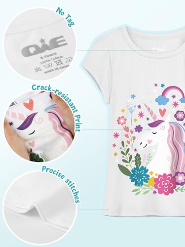 Image of QWE 5 Pack Girls Shirts Cotton Short Sleeve Shirts for Girls Graphic Kids Tops Tees Clothes Summer T-Shirts 5-12Y
