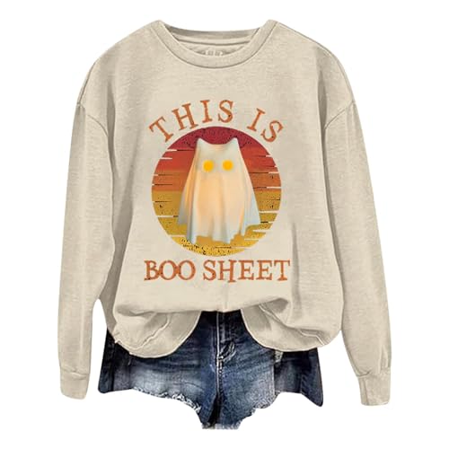 Sudadera de Halloween para mujer, forro polar mullido, manga larga, cuello redondo, 6 sudaderas vintage, beige, XX-Large