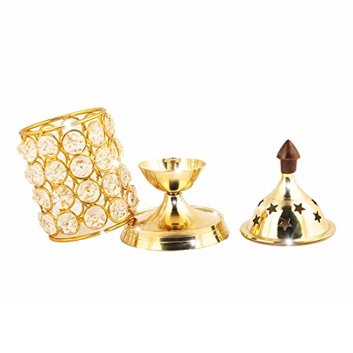 Image of Shubhkart Nitya Brass Crystal Diya for Diwali Decoration |Small Oil Lamp Lantern for Puja, Home Decor &Gifting |Decorative Deep Jyot Tea Light Holder for Mandir&Festivals (5.11 Inch,180gm), Multicolor