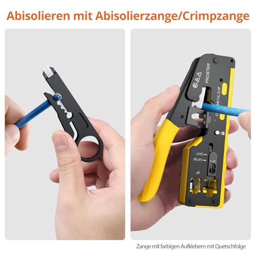 Proster RJ45 Crimpzange Set Ethernet-Pass-Through-Crimpzange mit 50PCS Pass-Through-Steckern 50PCS Schutzhüllen Netzwerkkabel-Tester für 8P RJ45 Cat6 Cat5/5e Cat7 6P RJ11 RJ12 Telefon