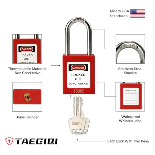 Image of Lockout Tagout Locks with Brass Core, Keyed Different, 10 Red Safety Padlocks Keyed Different,2 Keys Per Lock,OSHA Compliant Loto Locks for Electrical Lock Out Tag Out Kits