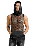 LINOCOUTON Mens Mesh Tank Tops See Through Sleeveless Hoodie Sheer Fishnet Shirt Muscle Workout Tees Black, Mediuml