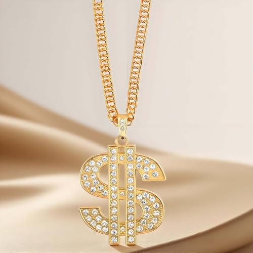 Money Chain Necklace Dollar Sign Chain Gold Dollar Sign Necklace Hip Hop Gold Money Chains For Men With Pendant, Long Big Fake Gold Necklace Golden Pendant Necklaces 90s Rapper Chains 28inch3