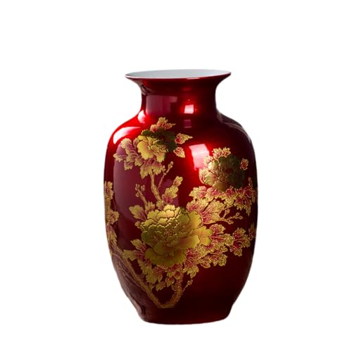 Vase oriental en céramique avec motif pivoine pour la maison, le salon, les ornements et les mariages - Rouge - 23 cm
