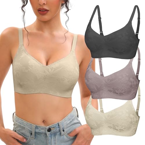 Jasmolly Wireless Bras for Women 3 Pack Seamless Full Coverage T-Shirt Bra No Underwire
