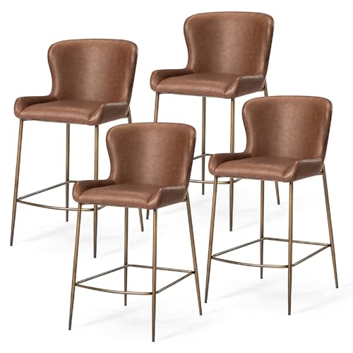 Maven Lane Naomi Counter Stool (Set of 4) &ndash; 26 Inches &ndash; Square Stools with Footrest &ndash; Gold Metal Frame & Brown Faux Leather Upholstery &ndash; Perfect for Kitchen Island & Counters