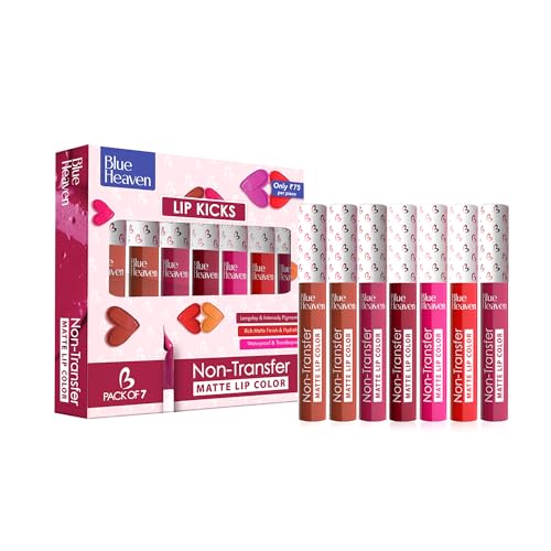Blue Heaven Lip Kicks Non Transfer Lip color Pack of 7, Liquid Matte Lipsticks for Women, Long lasting and Hydrating Lipsticks, 19.6ml