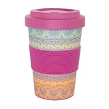 YogiCup2Go, Bambus Coffee-to-go-Becher mit Print'Indian Ornaments', Bamboo-Cup als Mehrweg-Tasse für unterwegs, mit Silikon-Manschette und Schraubdeckel, 480 ml Fassungsvermögen