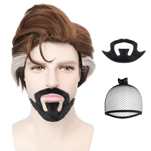ANOGOL 4Pcs Set (1*Hair Cap+1*Beard+1*Necklace) Short Brown Wig Men Doctor Costume Strange Cosplay Wig with Highlights White Sideburns Adult Mens Brown Hair Movie Outfit for Halloween Party