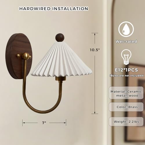 Image of Vintage Aged Brass Ceramic Hand-Polished Wall Sconce, White Pleated Shade Wall Mounted Light, Light for Bedroom, Living Room, Hallway