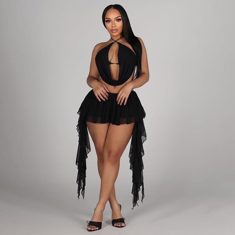 Women's 2 Piece Outfits Halter Draped Cowl Deep V Neck Tops Pleated Layed Ruffled Fringe Skirt Sets Party Going Out Outfit