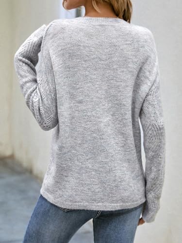 Makemechic Women'S Hollow Out Knitted Sweater Tops V Neck Long Sleeve Sheer Pullover Light Grey L thumb #1
