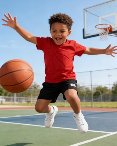Image of Boys 2 Piece Outfits Short Sleeve Basketball Pattern T-Shirt and Shorts Summer Clothes for Kids 5-12 Years