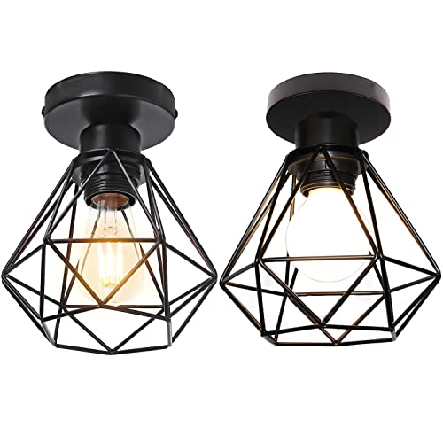 STOEX Plafonnier industrielle vintage design rétro cage en métal fer forge, Suspension luminaire E27 lampe de plafond diamant Ø16cm (2pcs Noir)