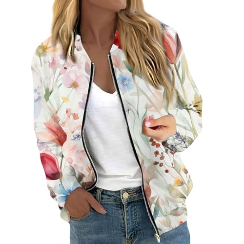 Cropped Trench Coat for Women Suitable Daily Jackets Lightweight Zip Up Jacket Ladies Floral Print Sports Outwear Plus Size White Womens Denim Mint Green M
