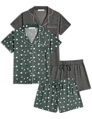 Ekouaer 2 Pack Womens Pajamas Set Button Down Summer Sleepwear Short Sleeve Comfy Pjs Loungewear Set