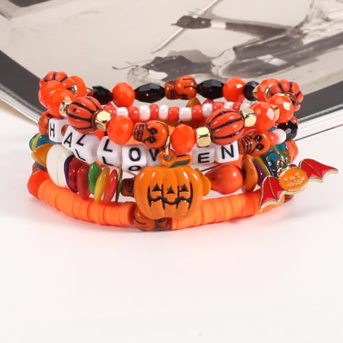 Artlunar 4pcs Halloween Bracelets Skull Pumpkin Bat Charm Bracelet Stackable Boo Witch Hat Stretch Bracelet for Women4